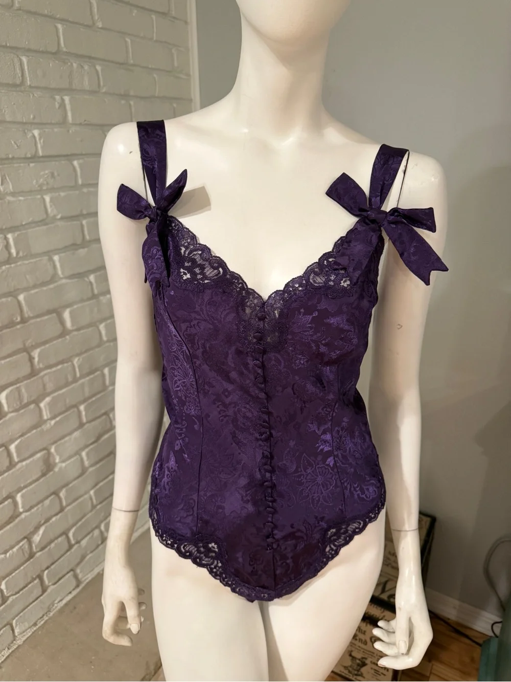 Vintage Victoria’s Secret Gold Label Purple Satin Jacquard Lace Teddy Bodysuit